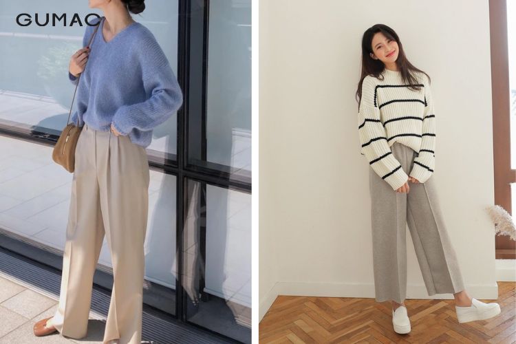 Mix quần ống rộng cùng áo len mỏng nàng mập trở nên mảnh khảnh